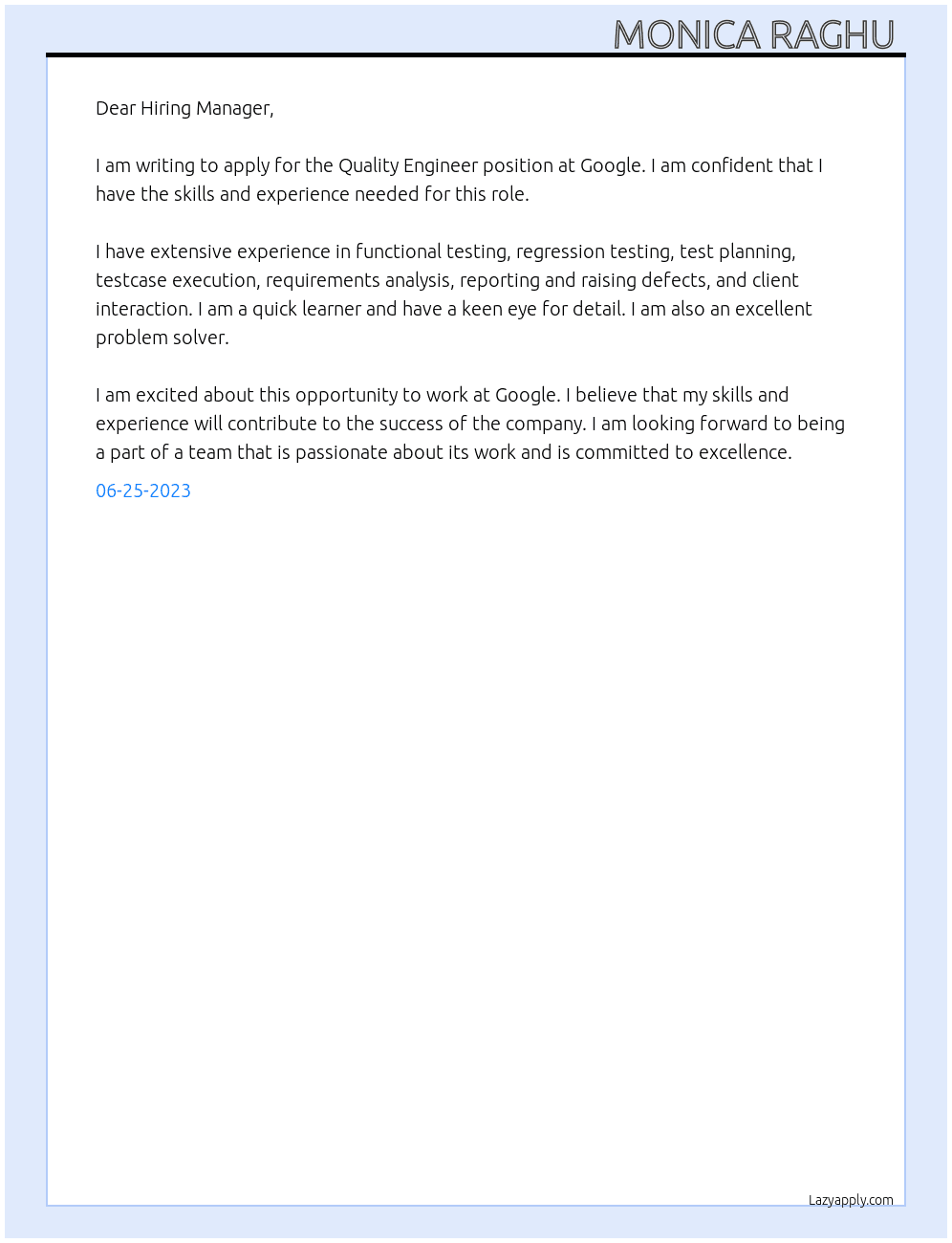 Quality engineer  At Google  Cover Letter