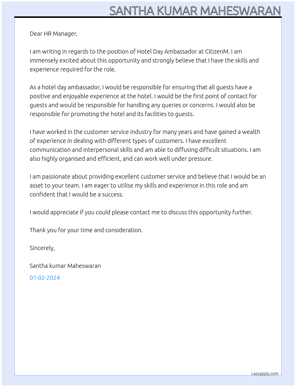 Hotel day ambassador  At CitizenM Cover Letter