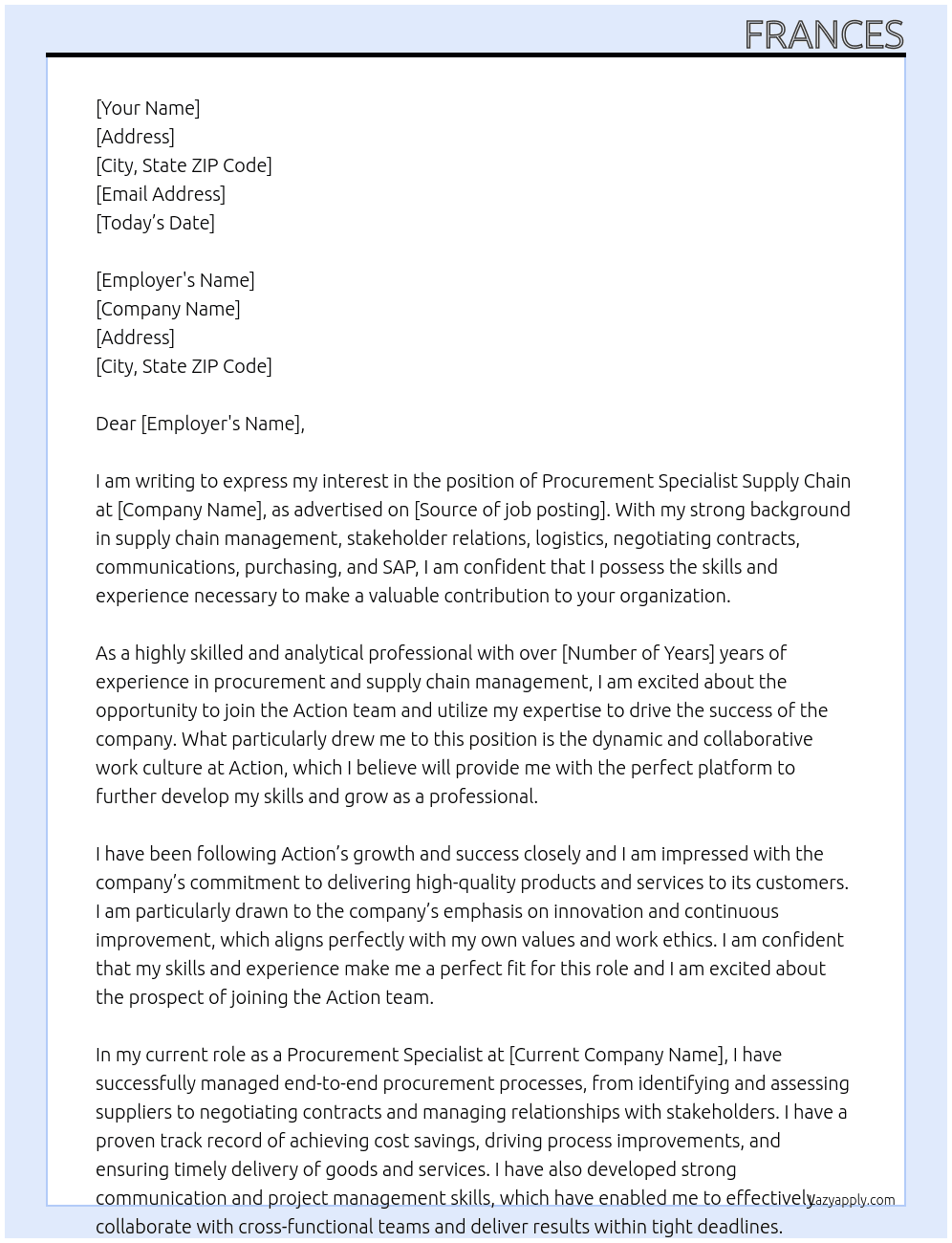 Cover letter for procurement specialist supply chain - LazyApply