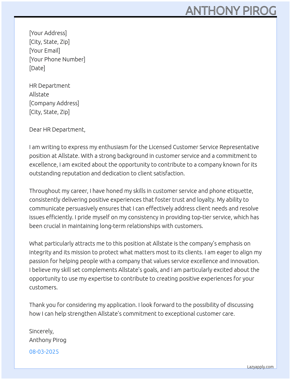 Licensed Customer Service Representative  At Allstate Cover Letter