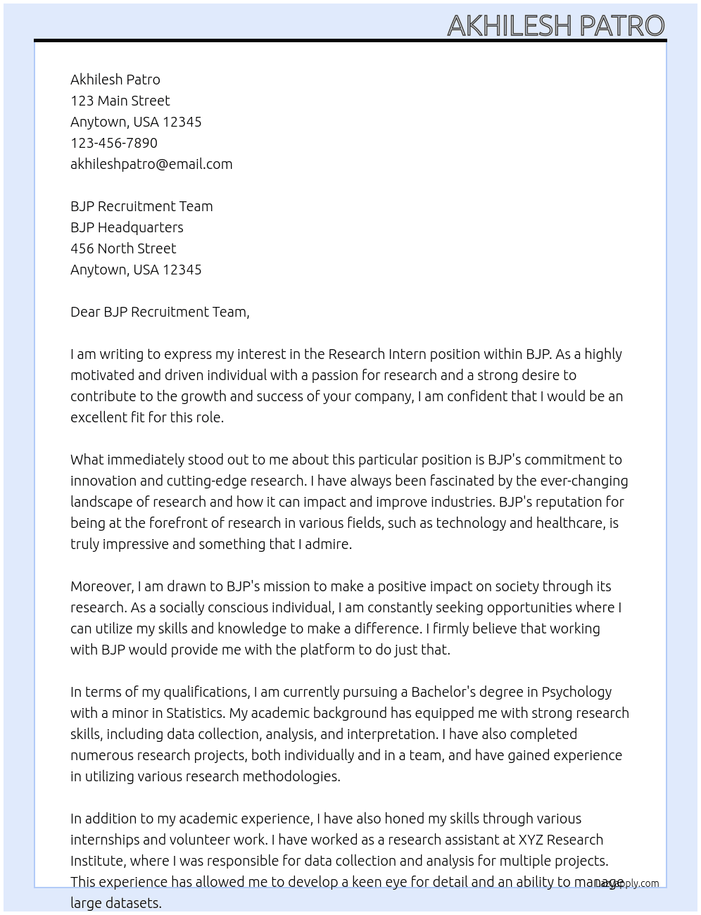 Research Intern At BJP Cover Letter