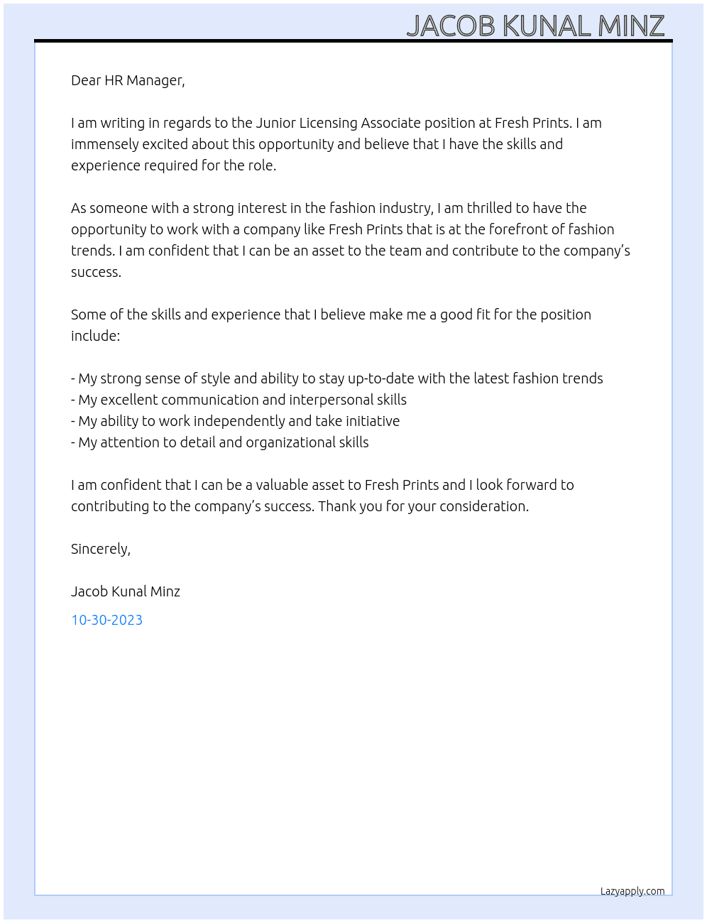Junior Licencing Associate  At Fresh Prints Cover Letter