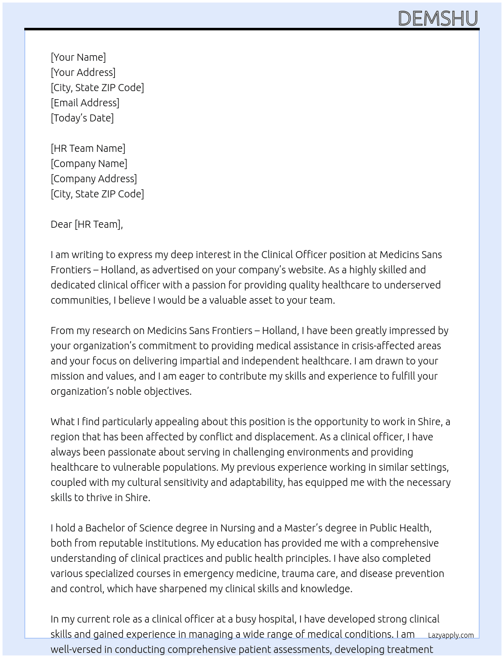 Clinical officer..Shire. At Medicins Sans Frontiers – Holland  Cover Letter
