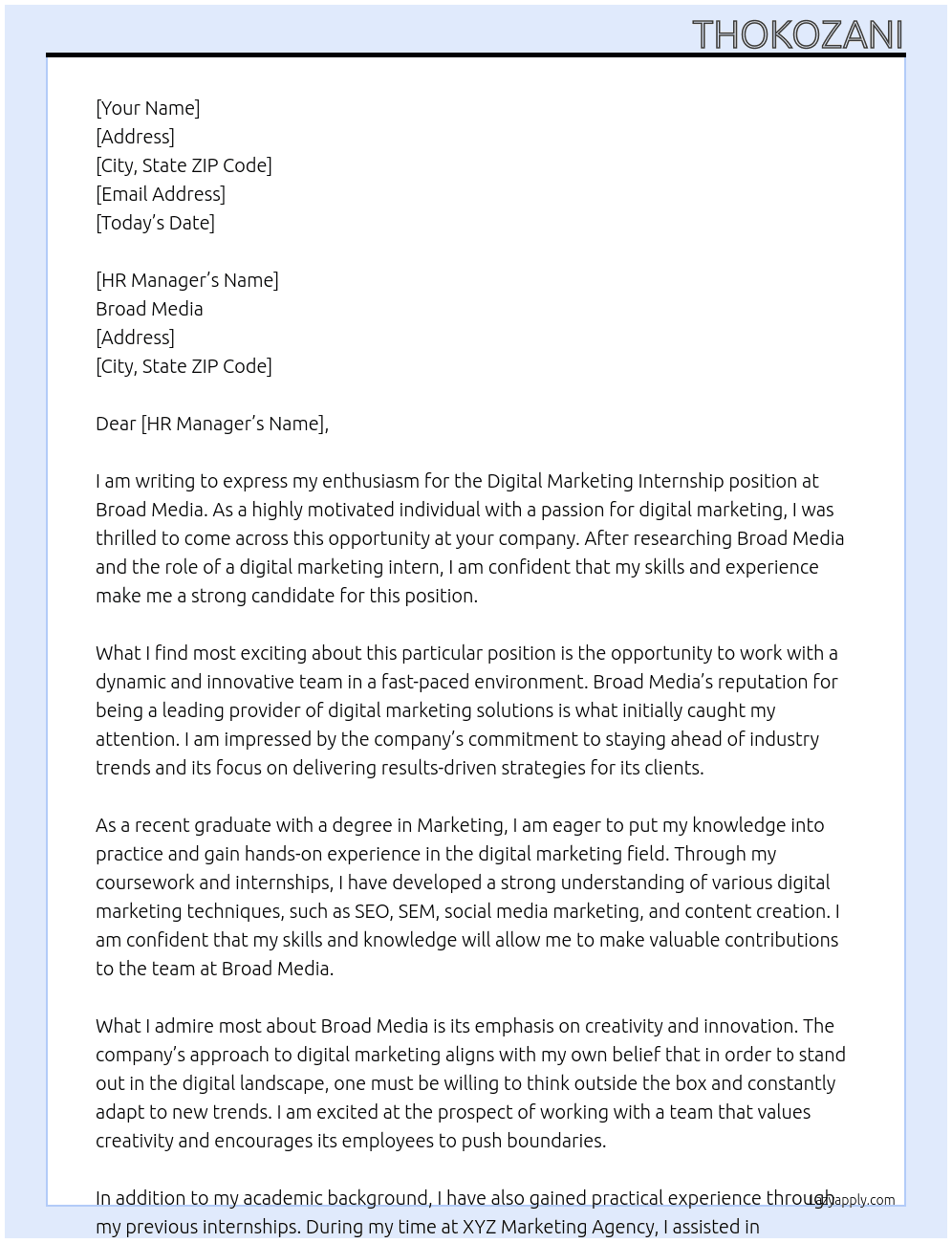 Digital Marketing Internship At Broad Media Cover Letter