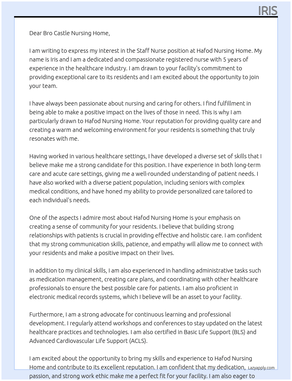 Staff nurse At Hafod nursing home Cover Letter