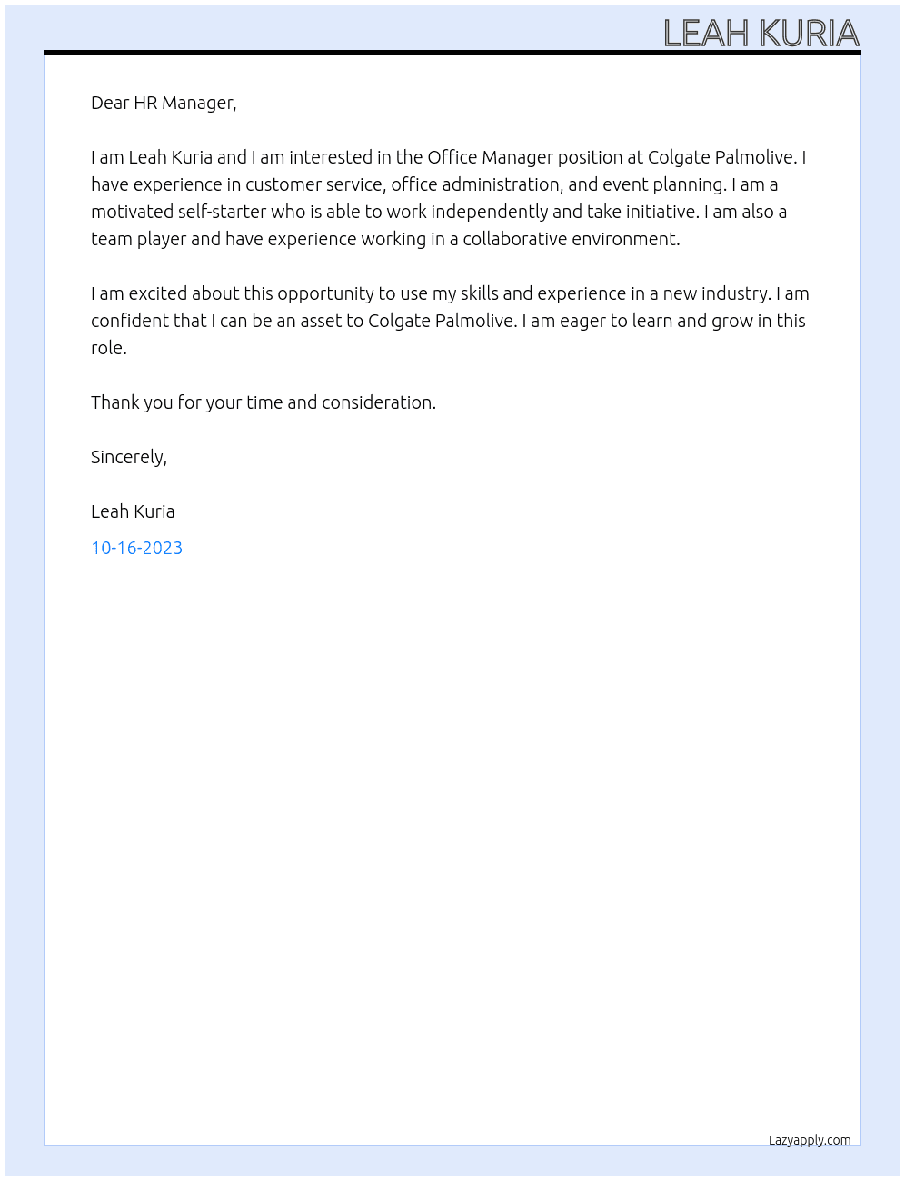 Office Manager At Colgate Palmolive  Cover Letter