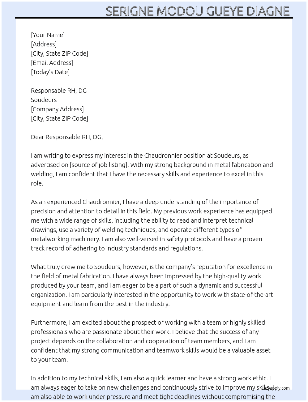 Chaudronnier At Soudeurs  Cover Letter