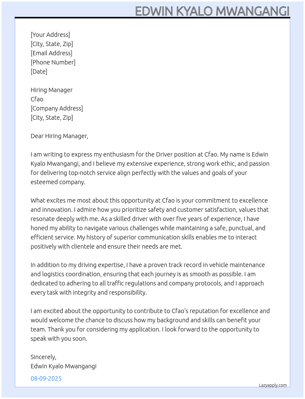 Driver  At Cfao Cover Letter