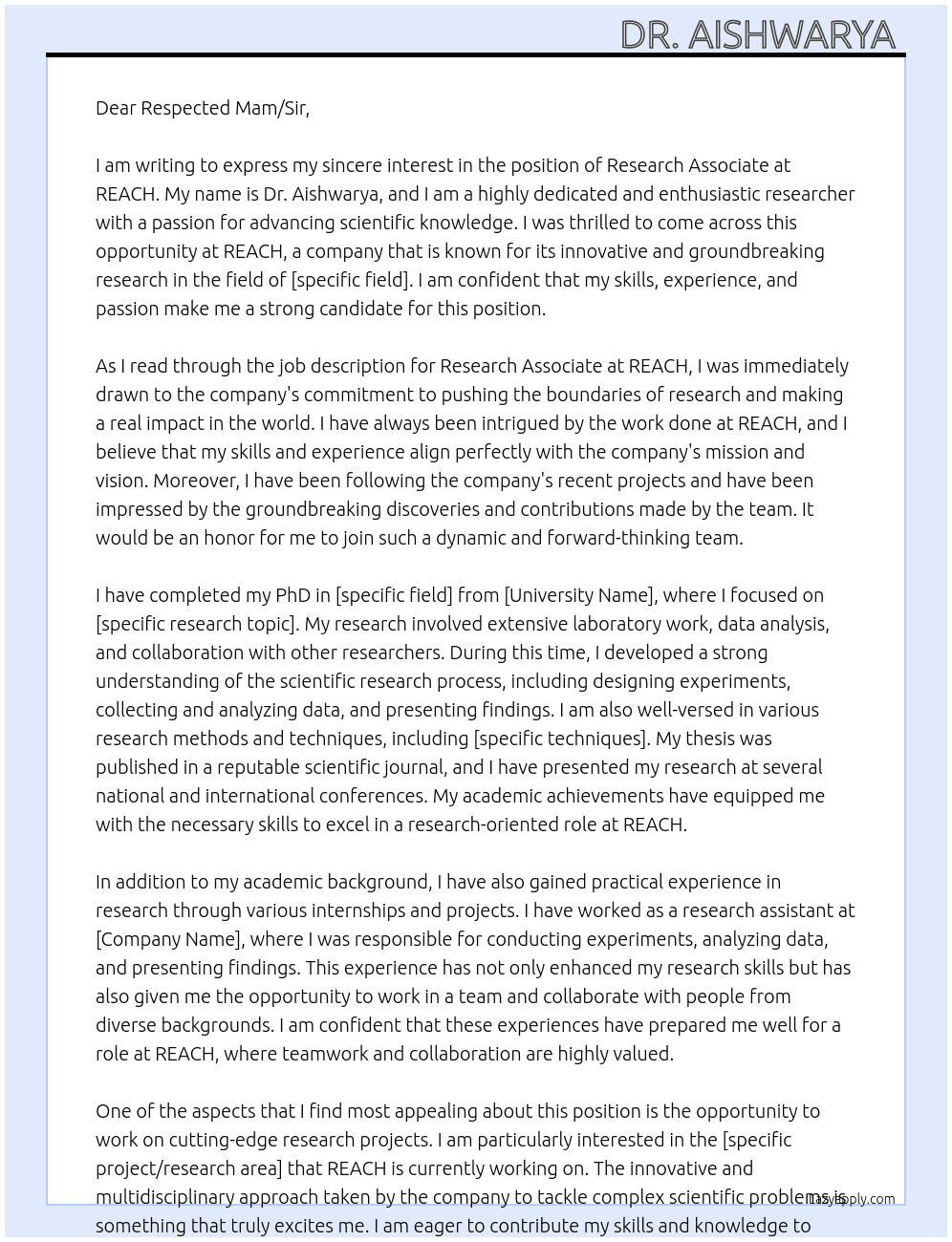 Research Associate  At REACH  Cover Letter