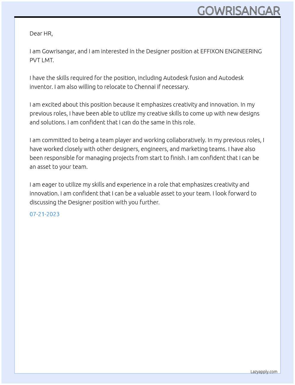 Designer At EFFIXON ENGINEERING PVT LMT Cover Letter