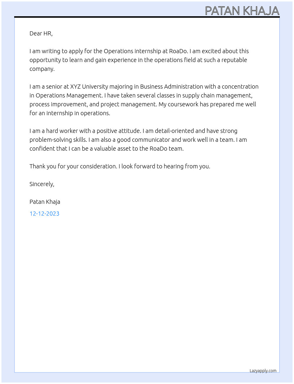 Operations internship  At  RoaDo Cover Letter