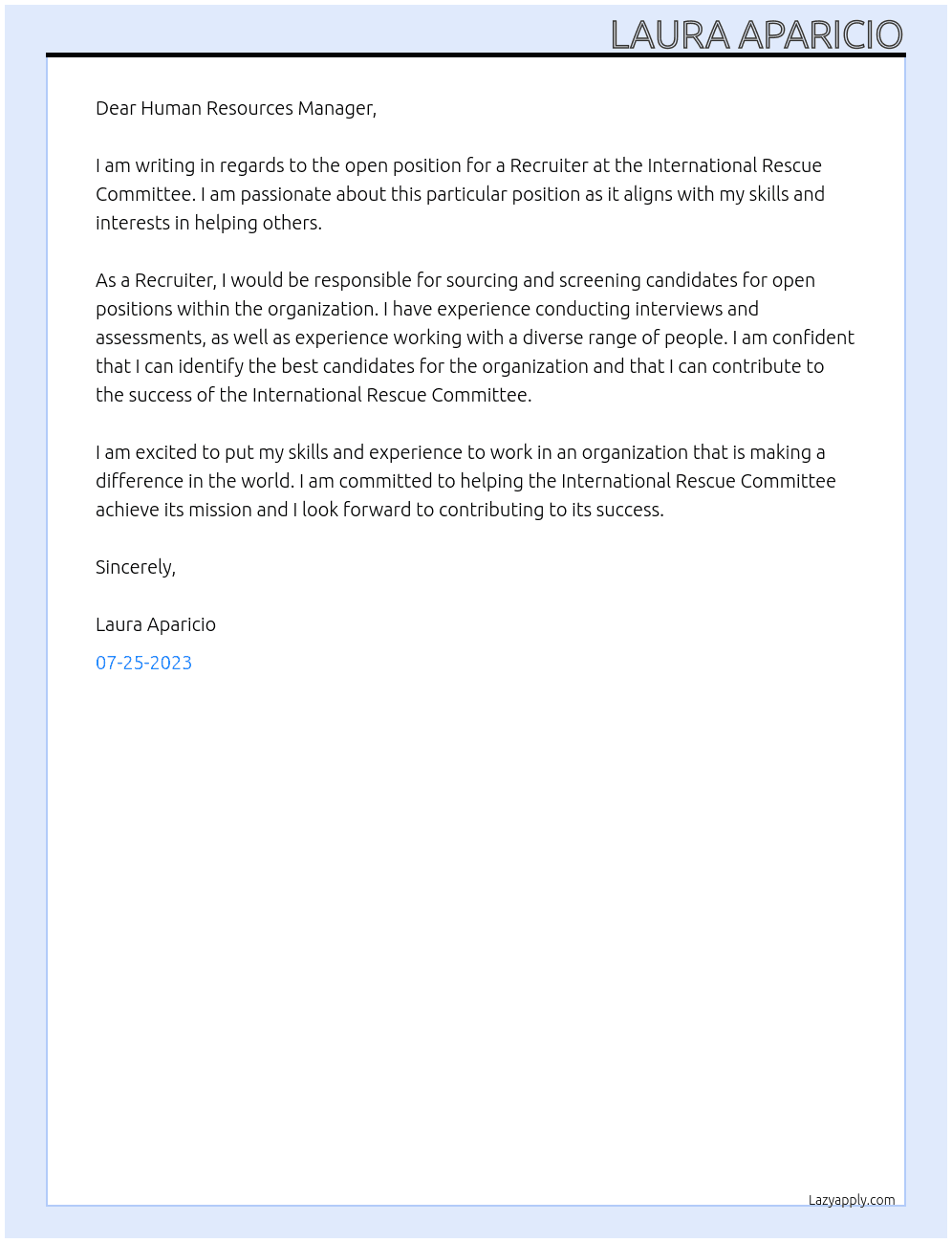 Recruiter At International Rescue Commitie Cover Letter