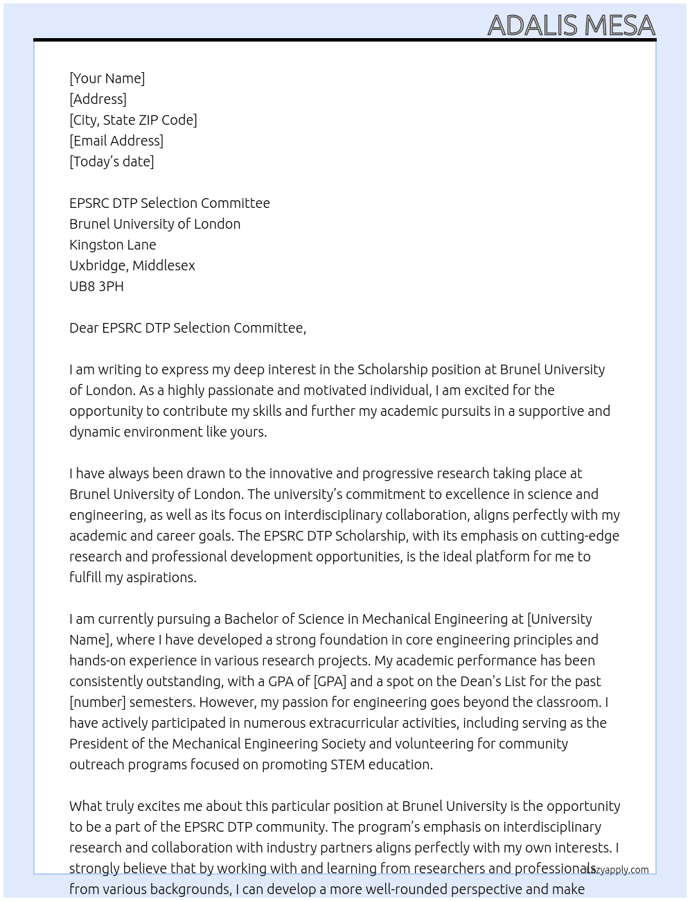 Scholarship At Brunel University of London Cover Letter