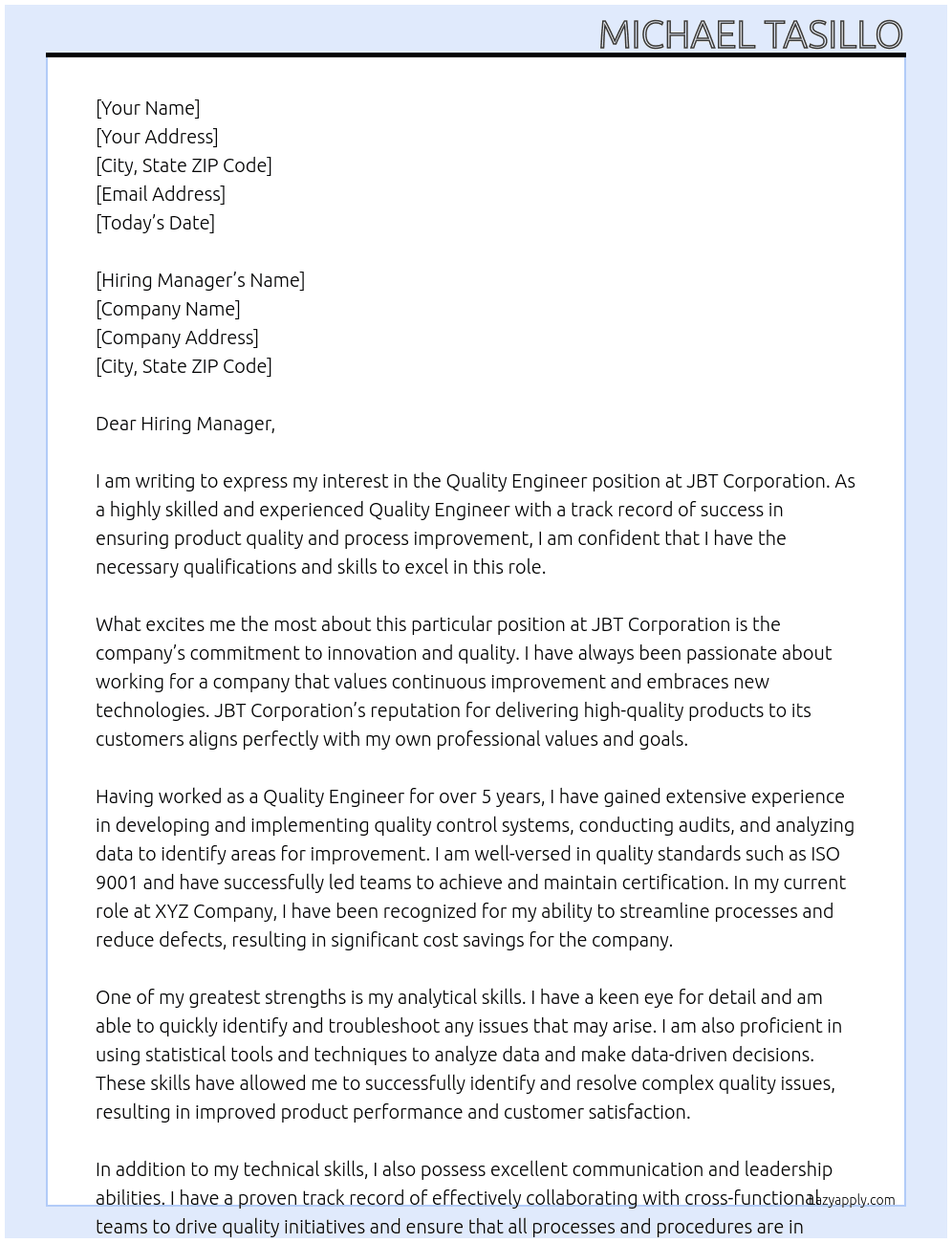 Quality Engineer At JBT Corporation Cover Letter
