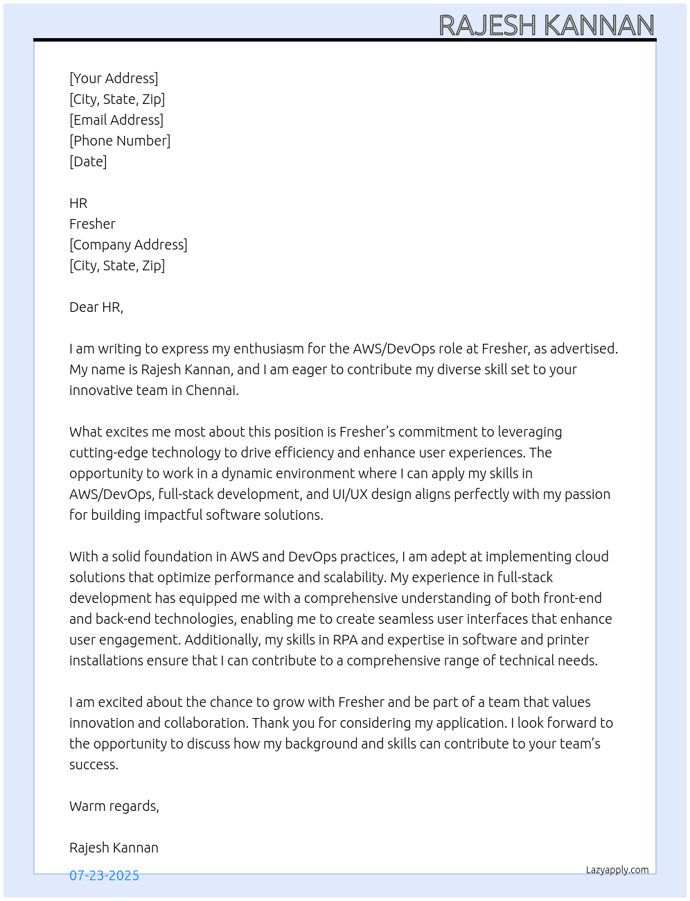 Aws/Devops At fresher Cover Letter