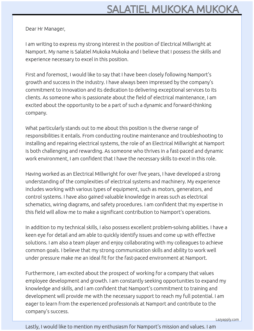Electrical millwright  At Namport  Cover Letter