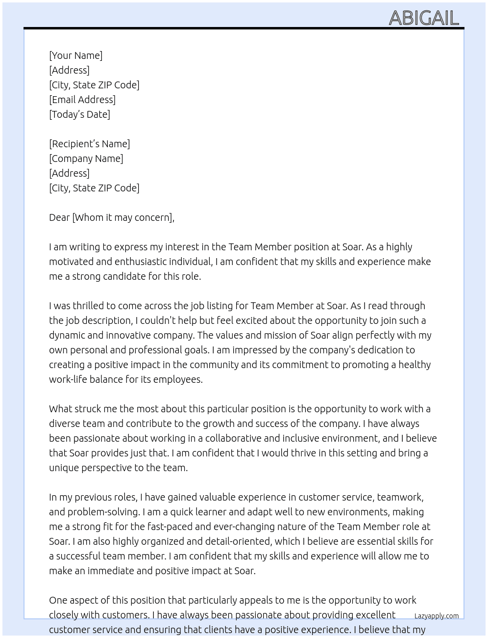 Team Member  At Soar Cover Letter