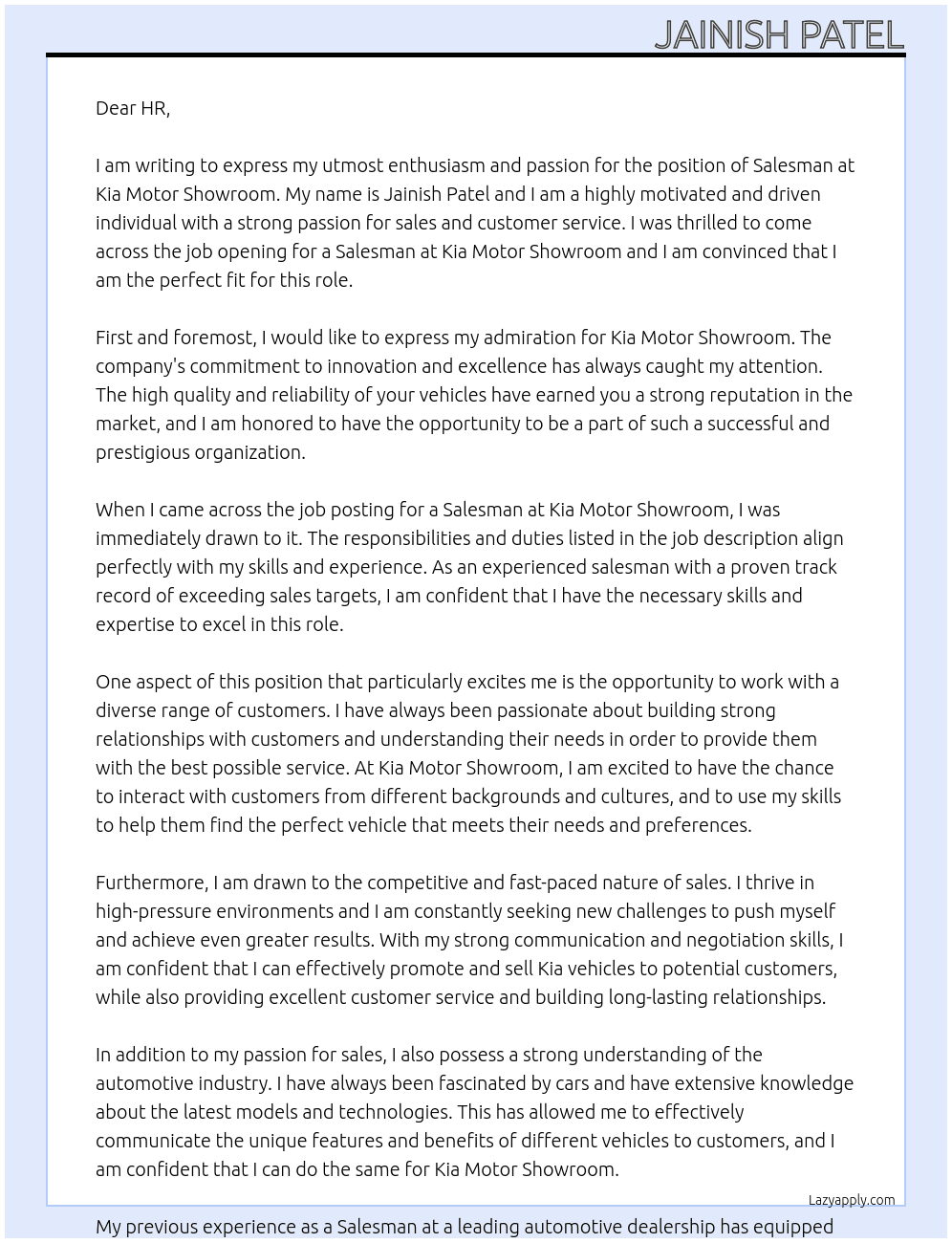 Salesman At kia motor showeroom Cover Letter