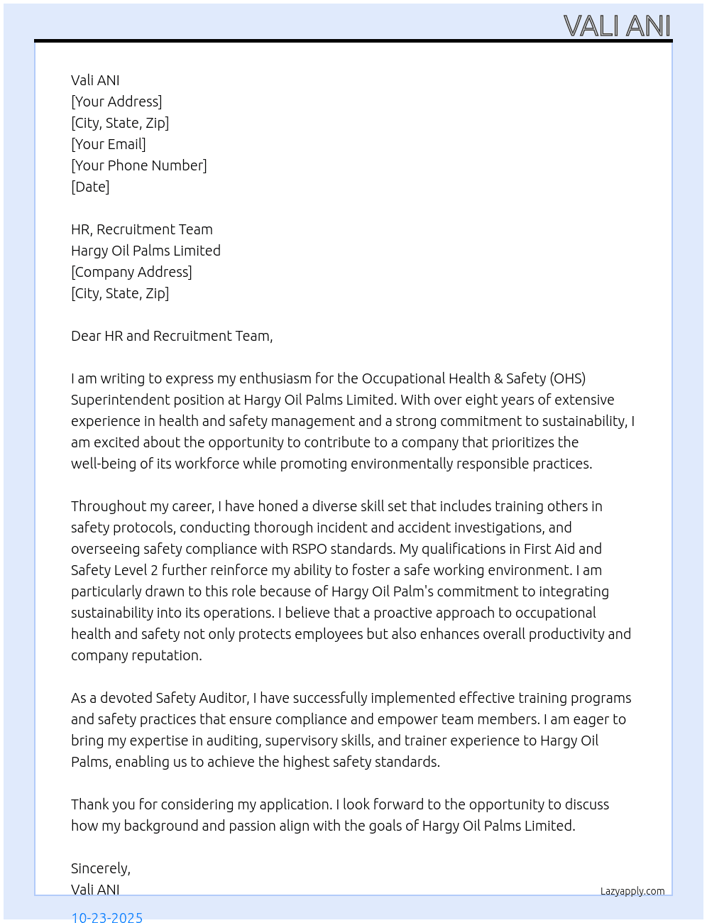 Occupational Health & Safety (OHS) Superintendent At Hargy Oil Palms Limited Cover Letter