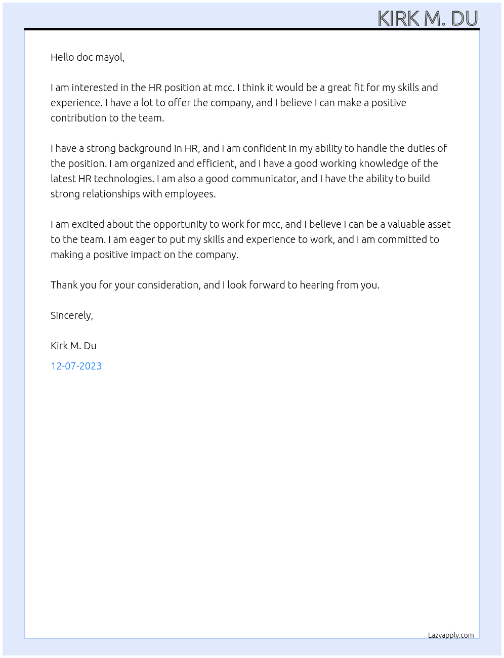 HR At mcc Cover Letter