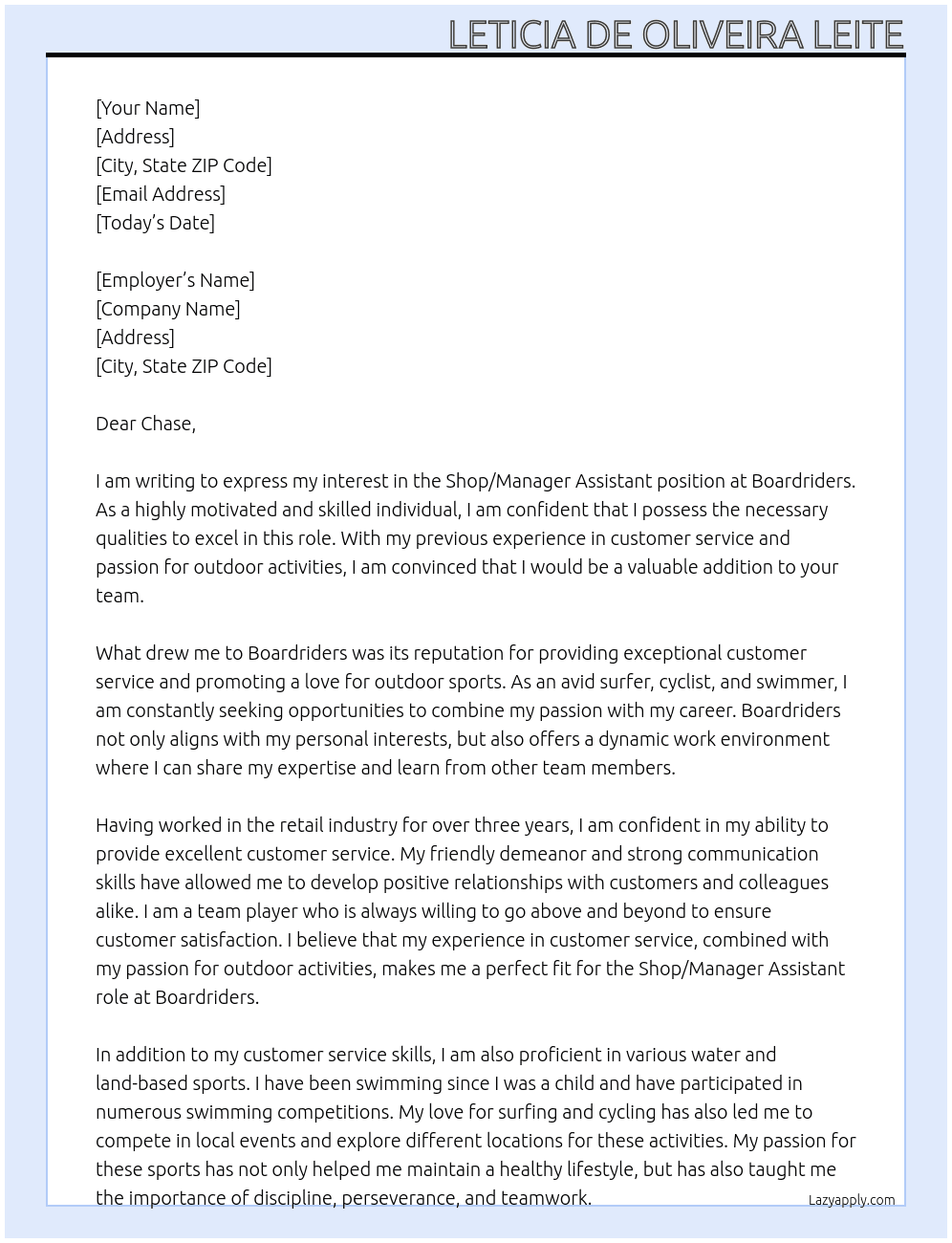 Shop/Manager Assistant At Boardriders Cover Letter