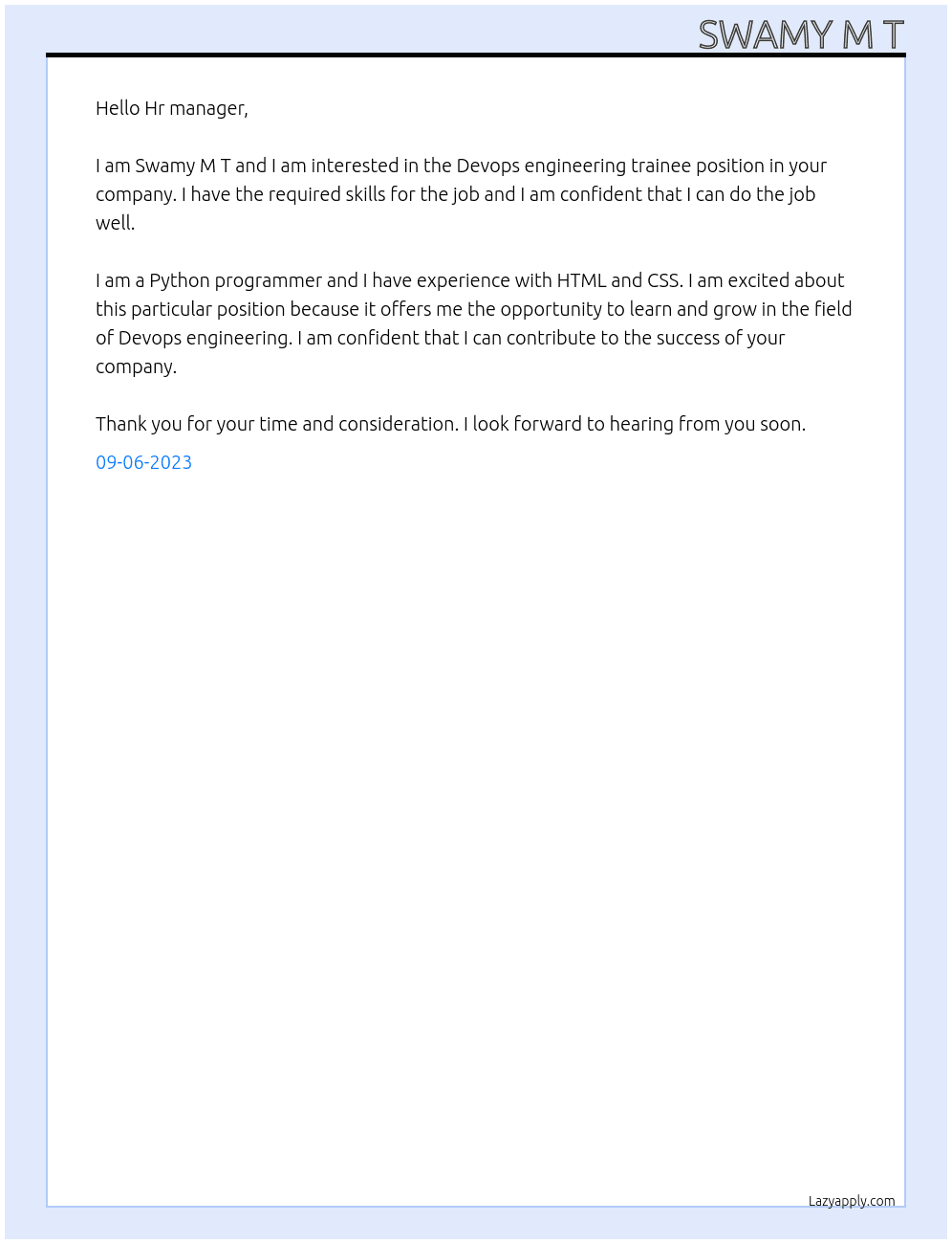 Devops engineering trainee  At Enterprise bot Cover Letter