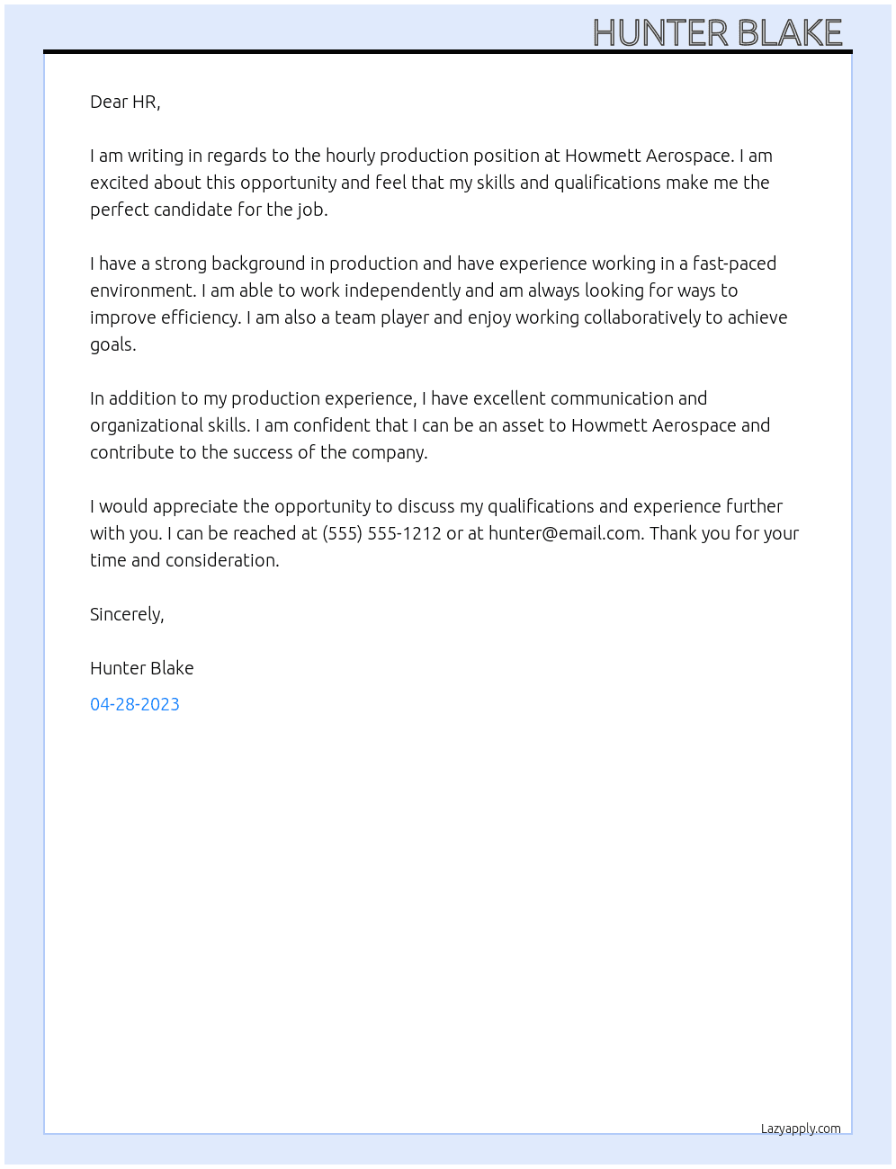 Hourly production  At Howmett Aerospace Cover Letter