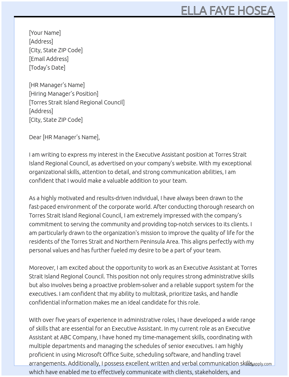 Executive Assitant At Torres Strait Island Regional Council Cover Letter