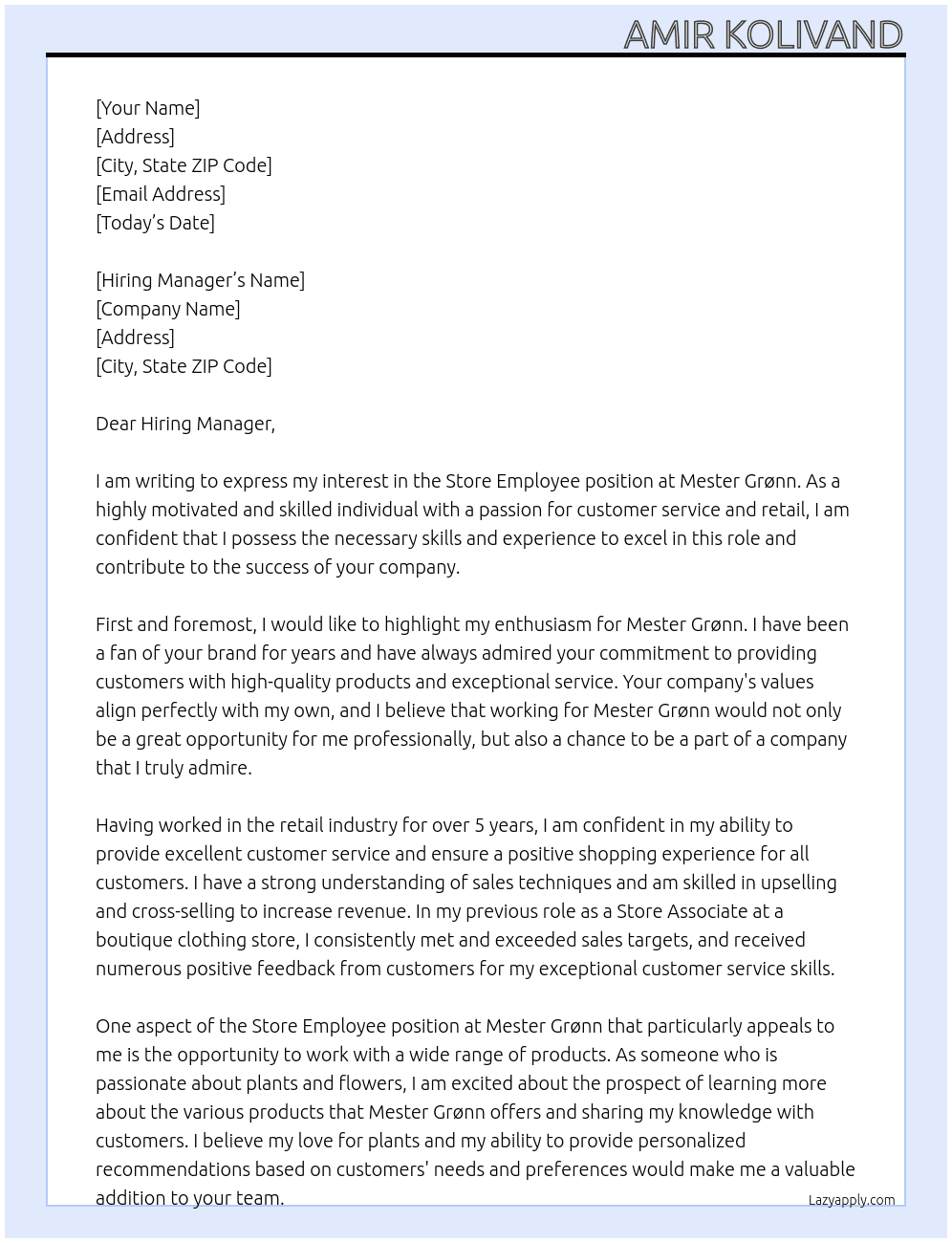 Store employee At Mester Grønn Cover Letter