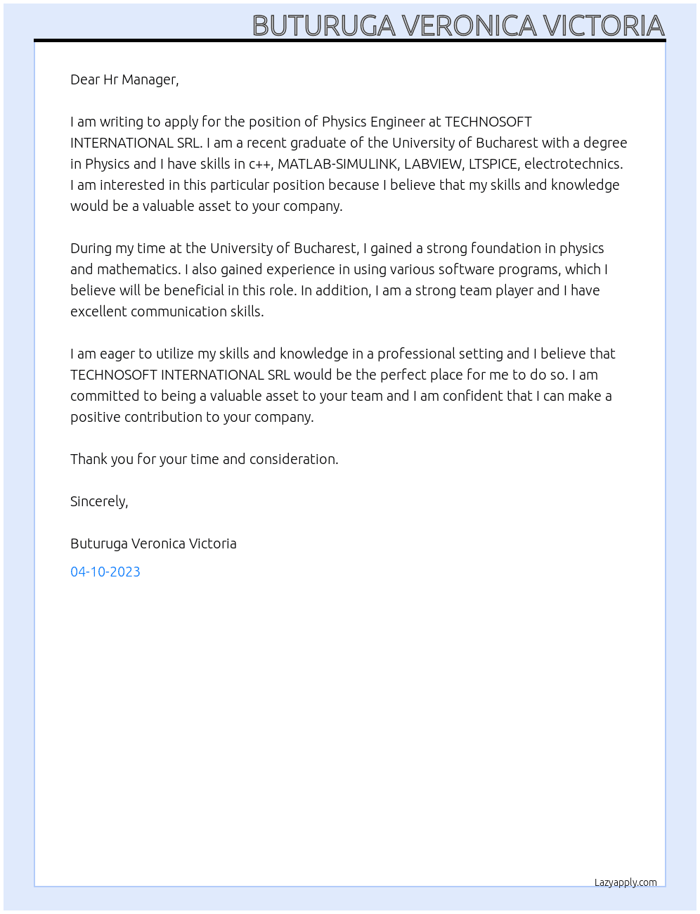 Physics Engineer  At TECHNOSOFT INTERNATIONAL SRL Cover Letter