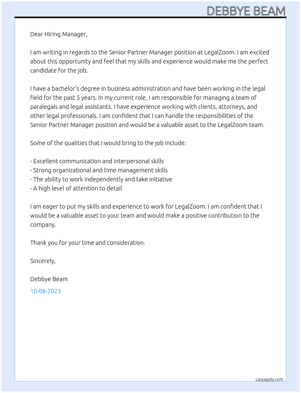 Senior Partner Manager  At LegalZoom Cover Letter