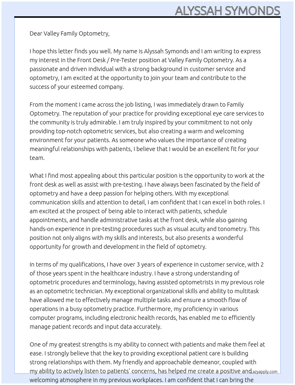 Front Desk / Pre-Tester At Family Optometry  Cover Letter