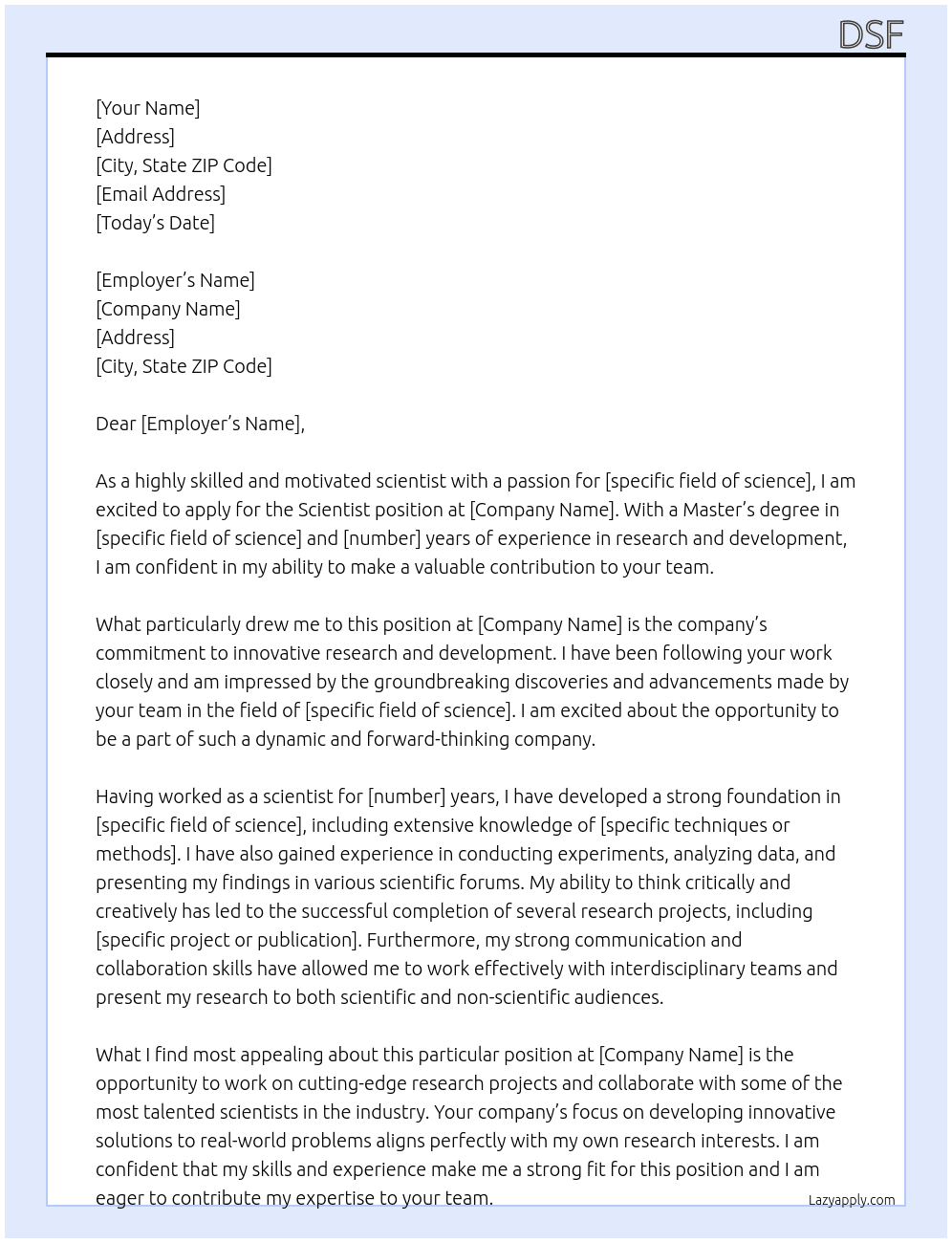 Scientist At company Cover Letter