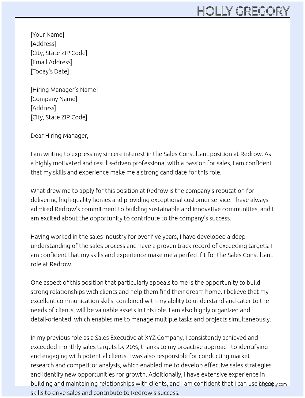 Sales Consultant At Redrow Cover Letter