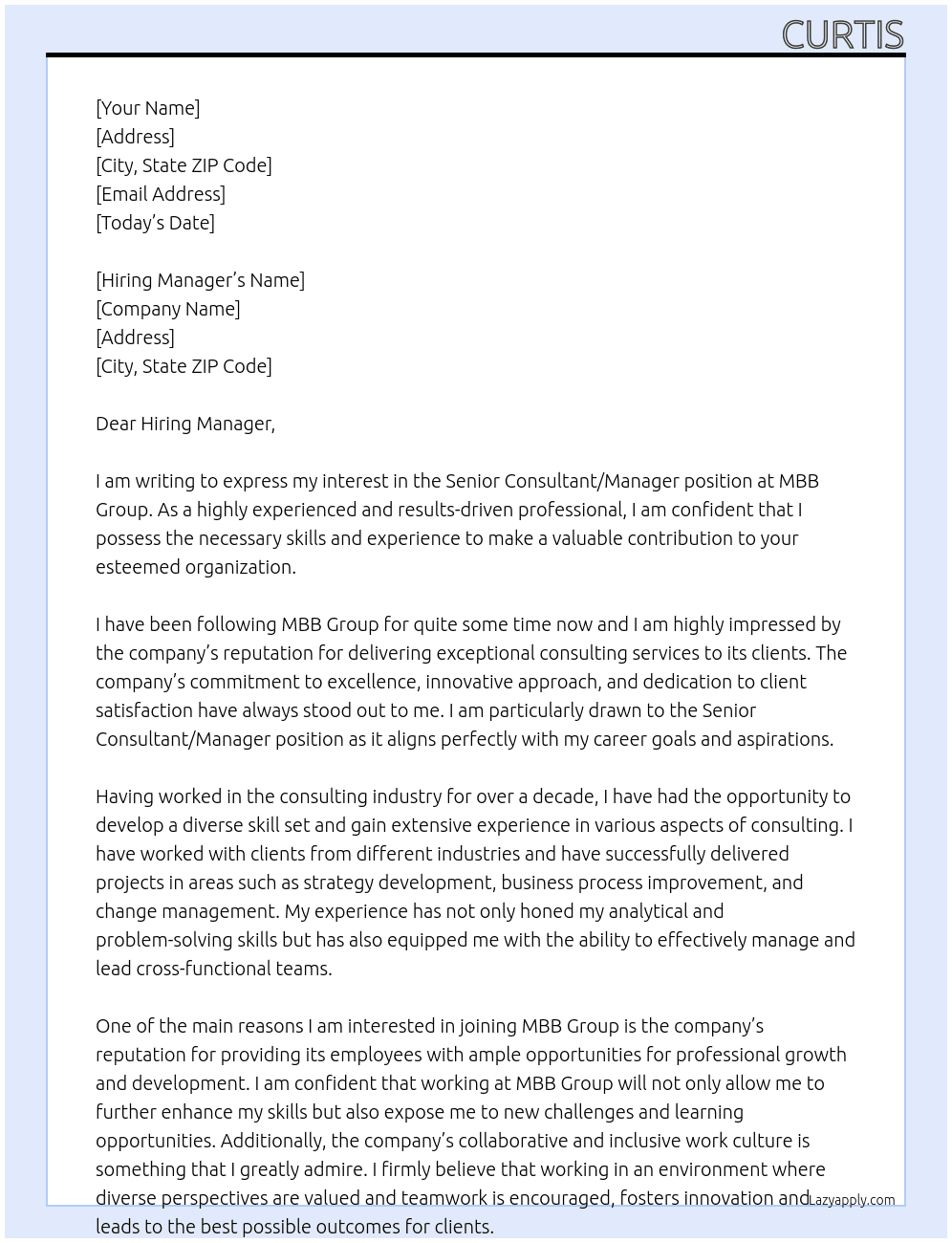 senior consultant / manager At MBB Group Cover Letter