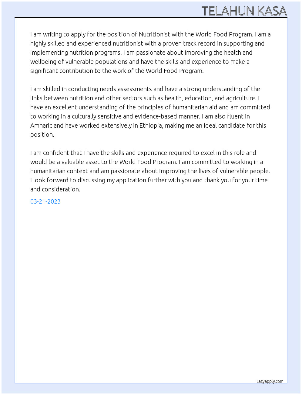 Nutritionist At World Food Program Cover Letter