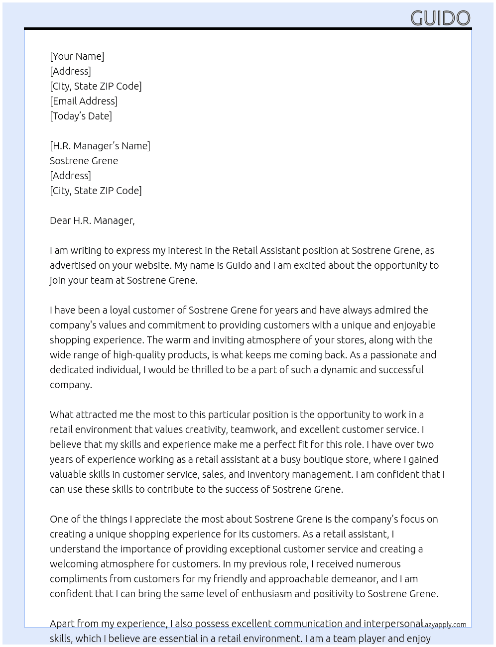 retail assistant At Sostrene Grene Cover Letter