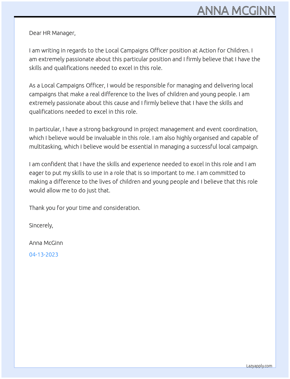 Local Campaigns Officer  At Action for Children  Cover Letter