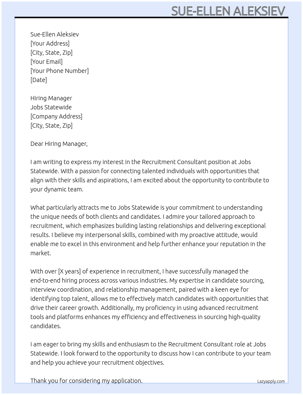 Recruitment Consultant  At Jobs Statewide Cover Letter
