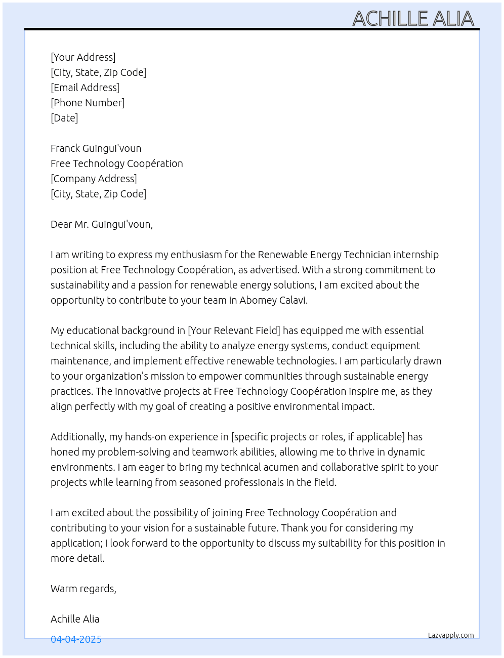 renewable energy technician At Free technology coopération  Cover Letter