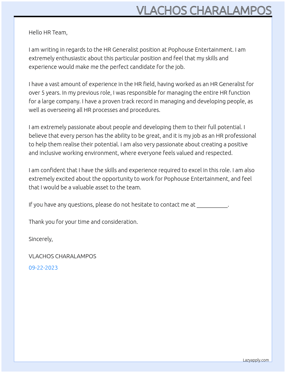 HR Generalist At Pophouse Entertainment Cover Letter