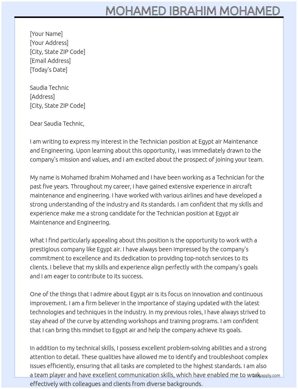 Technician  At Egypt air Maintenance and engineering  Cover Letter
