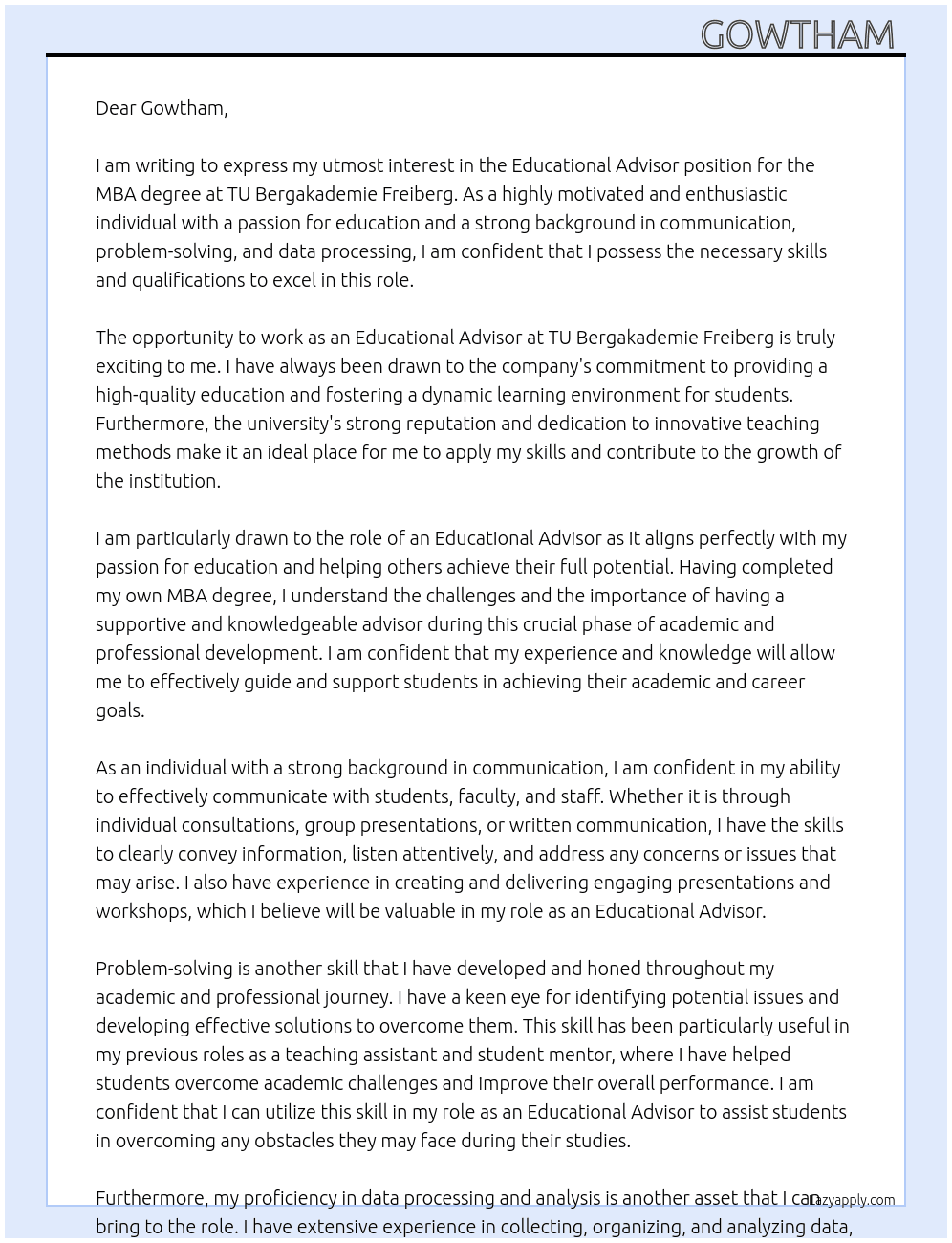 MBA degree At TU Bergakademie Freiberg Cover Letter