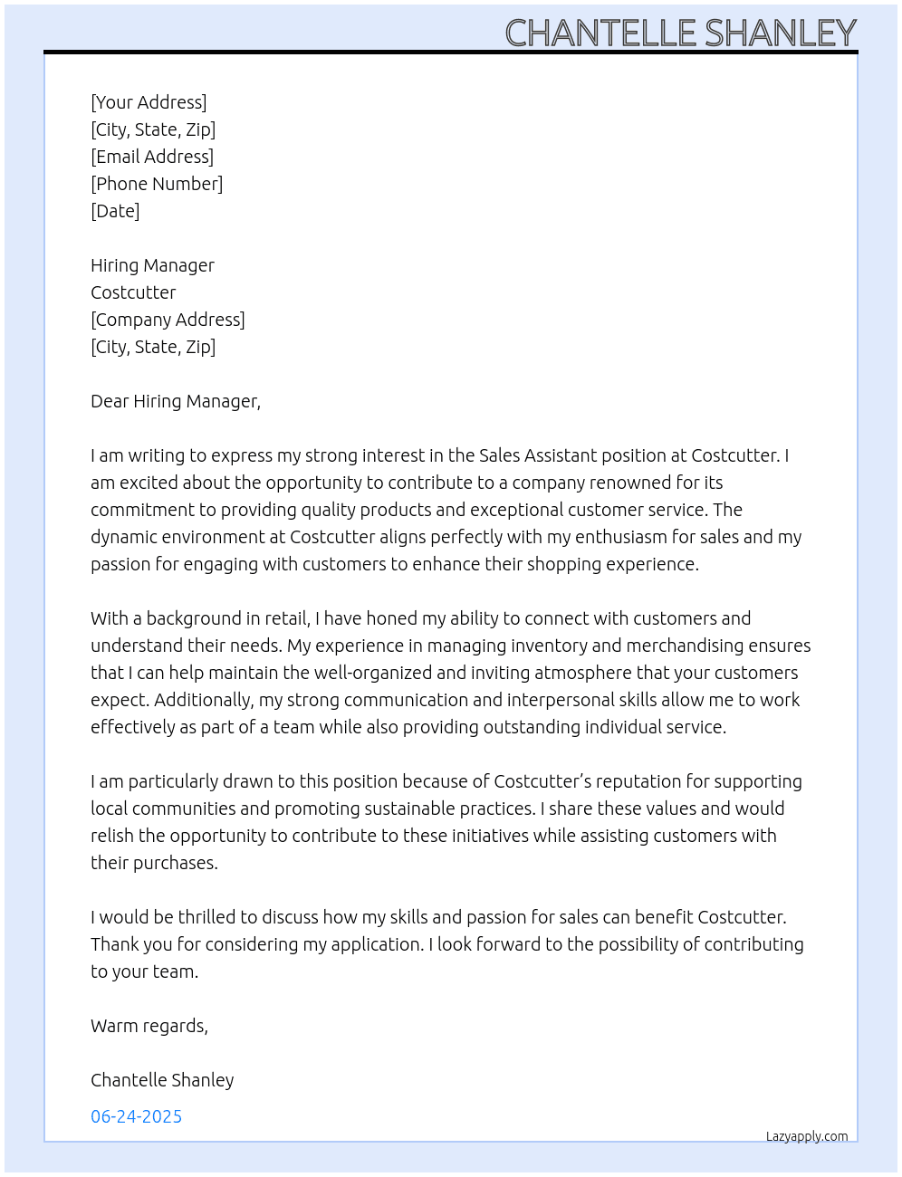 Sales Assistant At Costcutter Cover Letter