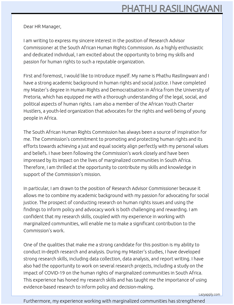 Research advisor commisioner At South african Human rights commission Cover Letter