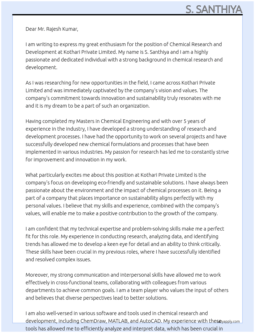 chemical research and development  At Kothari  Private limited  Cover Letter