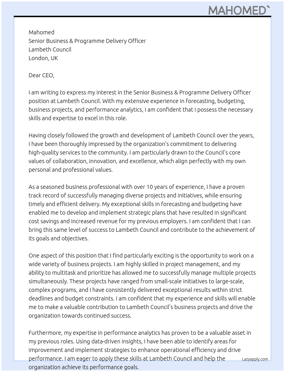 Senior Business & Programme Delivery Officer At Lambeth Council Cover Letter