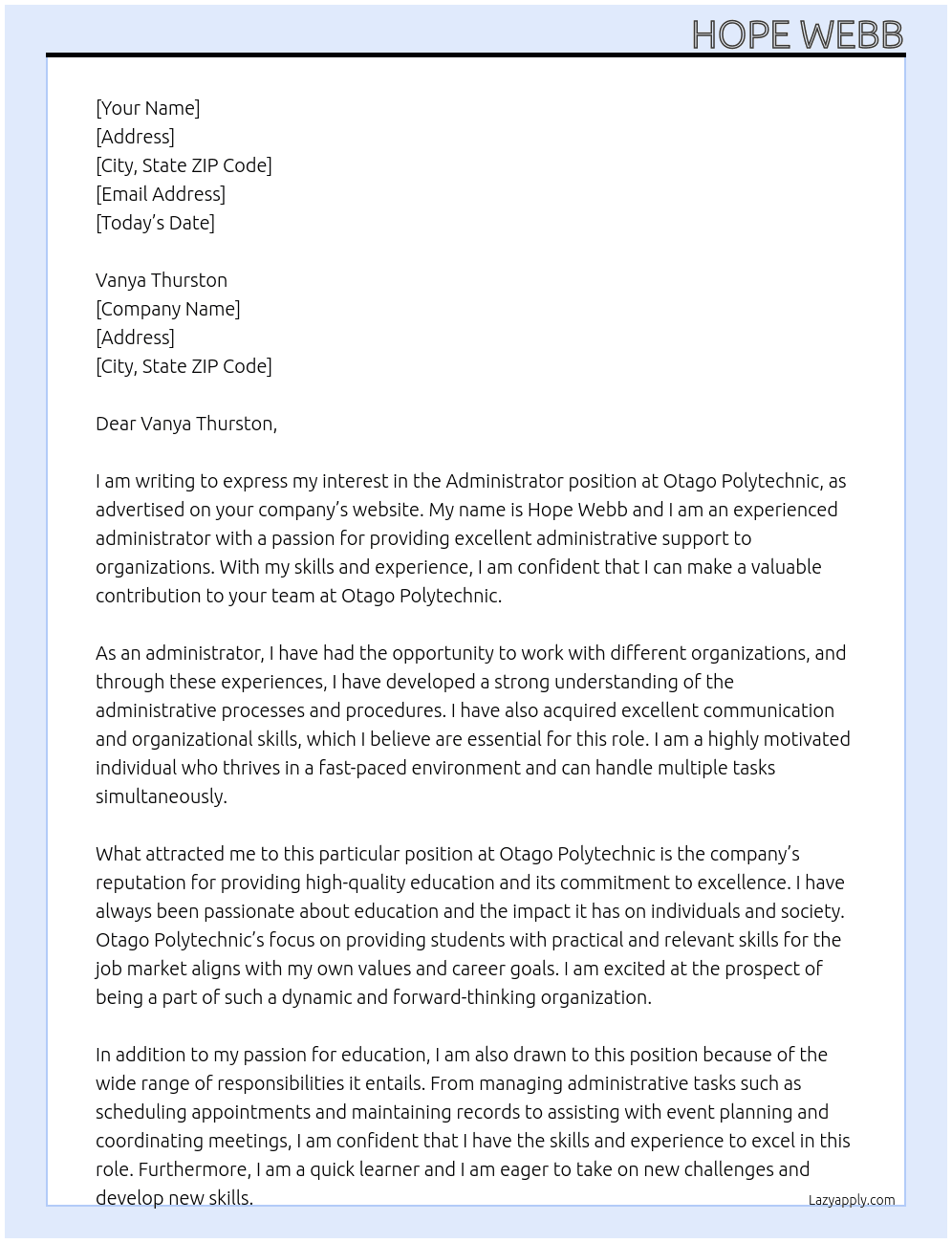 Administrator At Otago Polytechnic Cover Letter