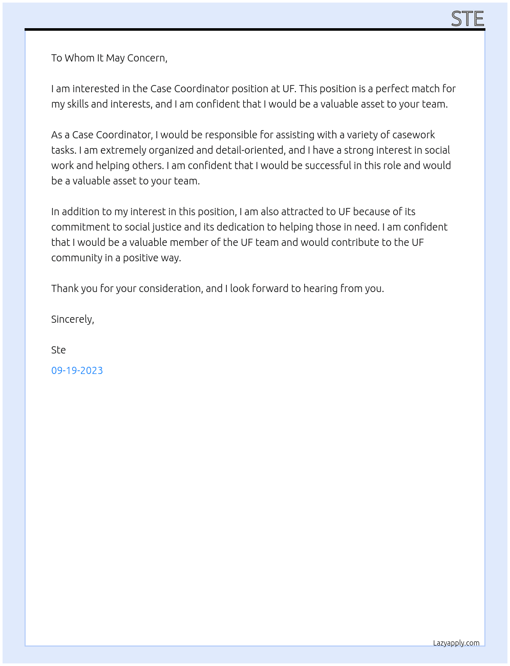 case coordinator At UF Cover Letter