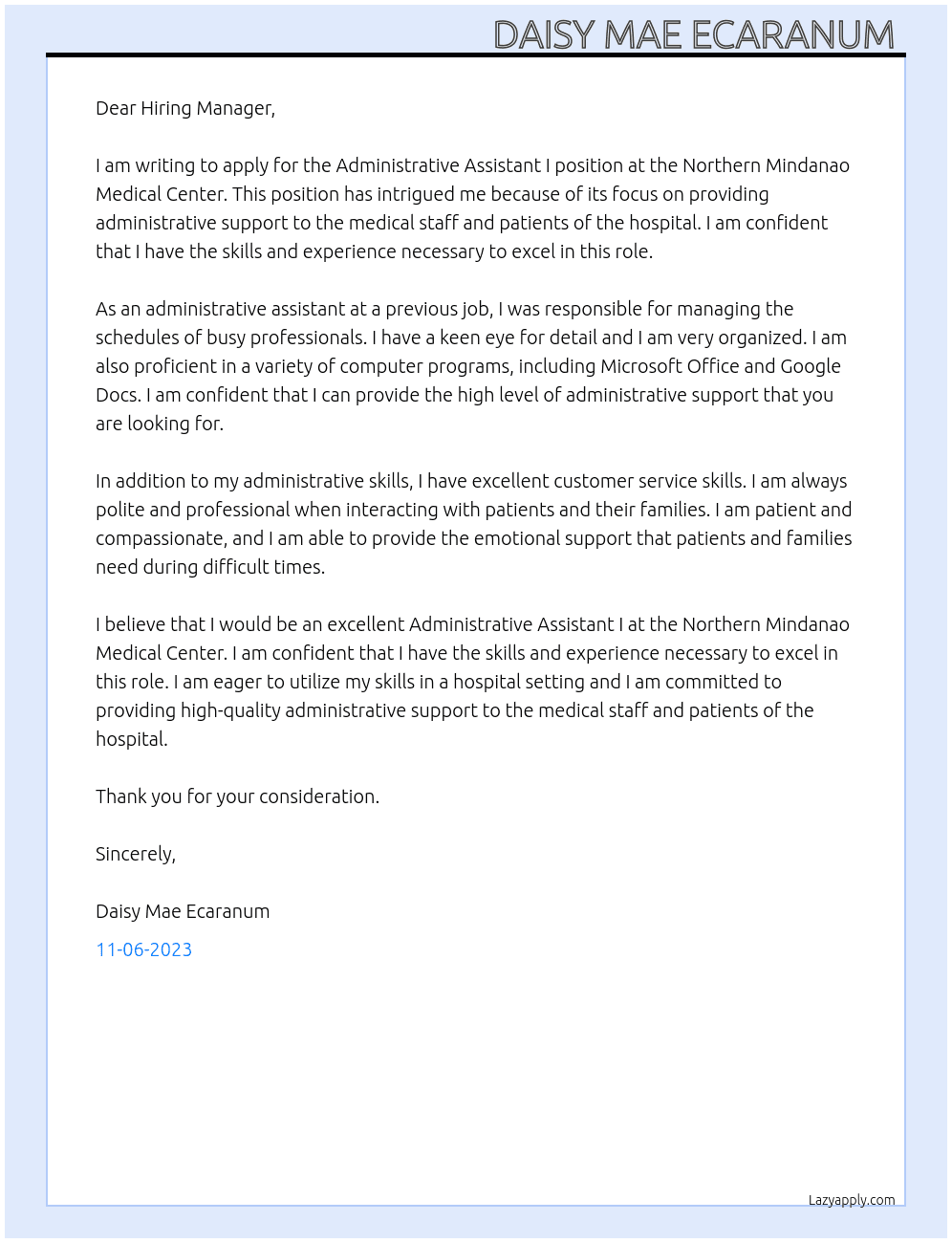 Administrative Assistant I At Northern Mindanao Medical Center  Cover Letter